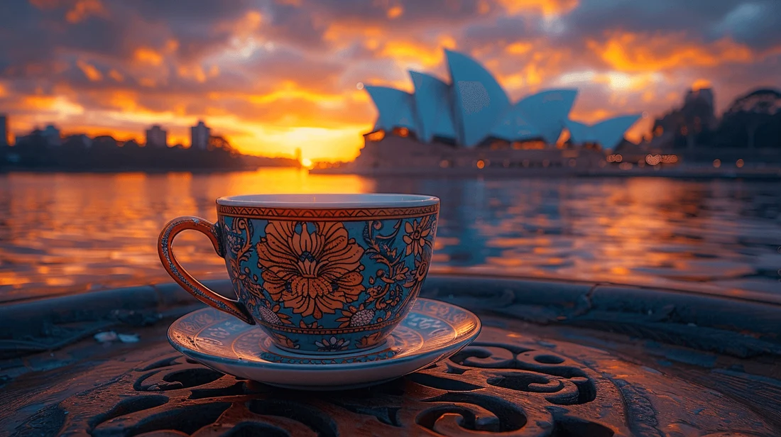 Coffee cup on a wooden table with hills visible in the background